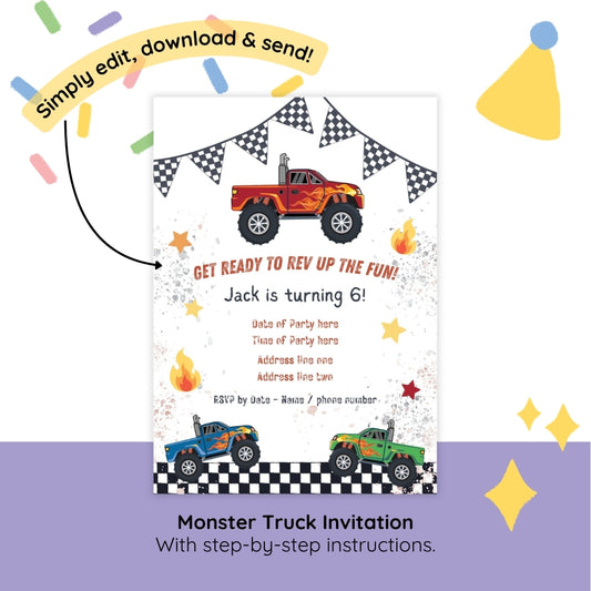 Monster Truck Editable Party Invitation