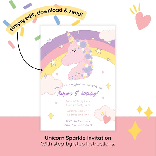 Unicorn Sparkle Editable Party Invitation